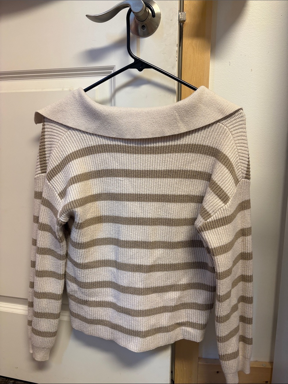 Striped V-Neck Polo Sweater - Cream & Beige - Picture 2 of 3